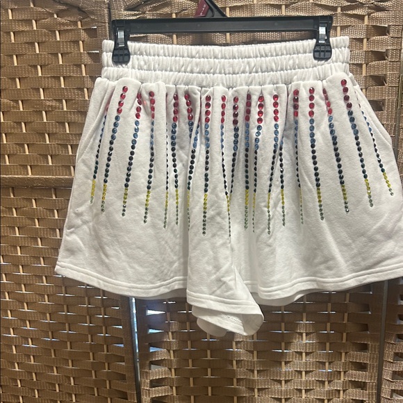 QUEEN OF SPARKLES White High-Waist Shorts with Rainbow Rhinestone Fringe - Picture 2 of 6